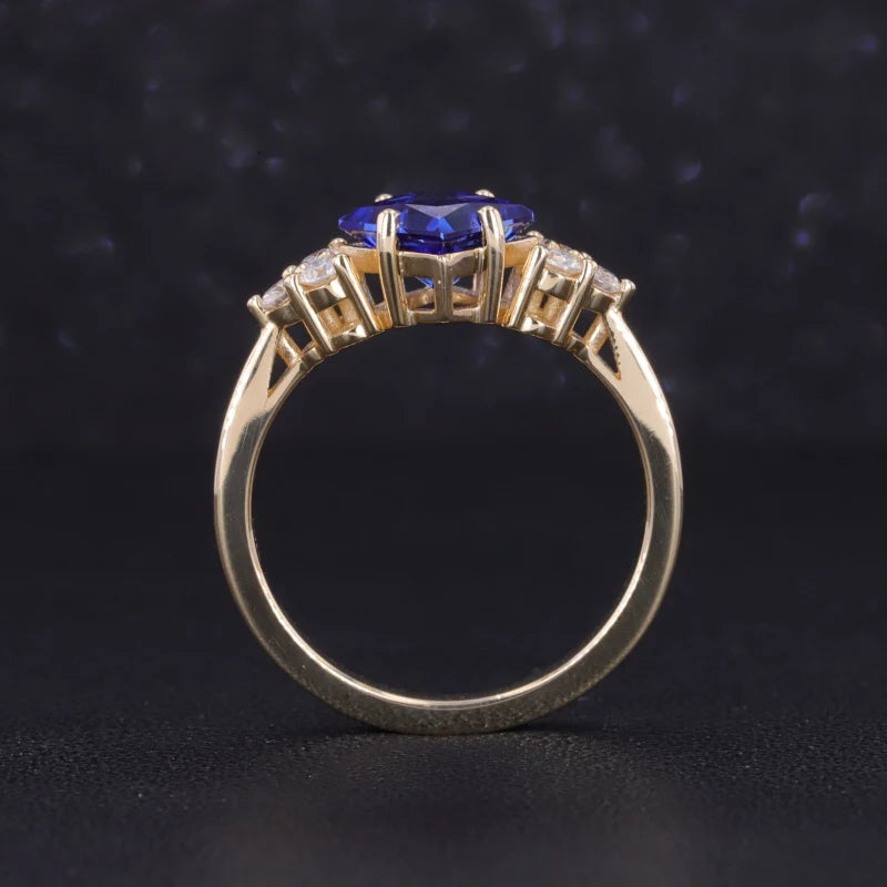 6x6mm, 1.00ct Princess Lab-Grown Blue Sapphire with Diamond Accents Ring in 14K Yellow Gold