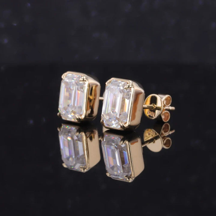 6x8mm Emerald Cut Moissanite Stud Earrings in 10K Solid Yellow Gold