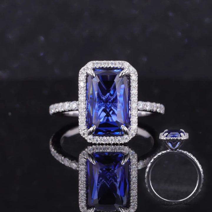 7x11mm, 4.90ct Baguette Step Lab-Grown Blue Sapphire with Diamond Halo/Half-Eternity Ring in 18K White Gold