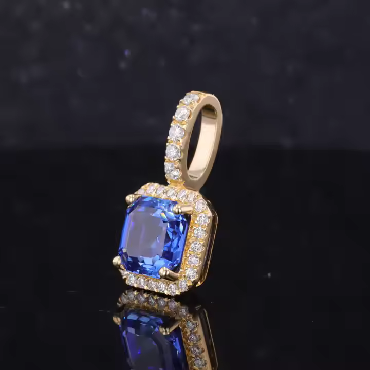 8x8mm, 3.50ct Asscher Lab-Grown Blue Sapphire with Diamond Halo Pendant in 18K Yellow Gold