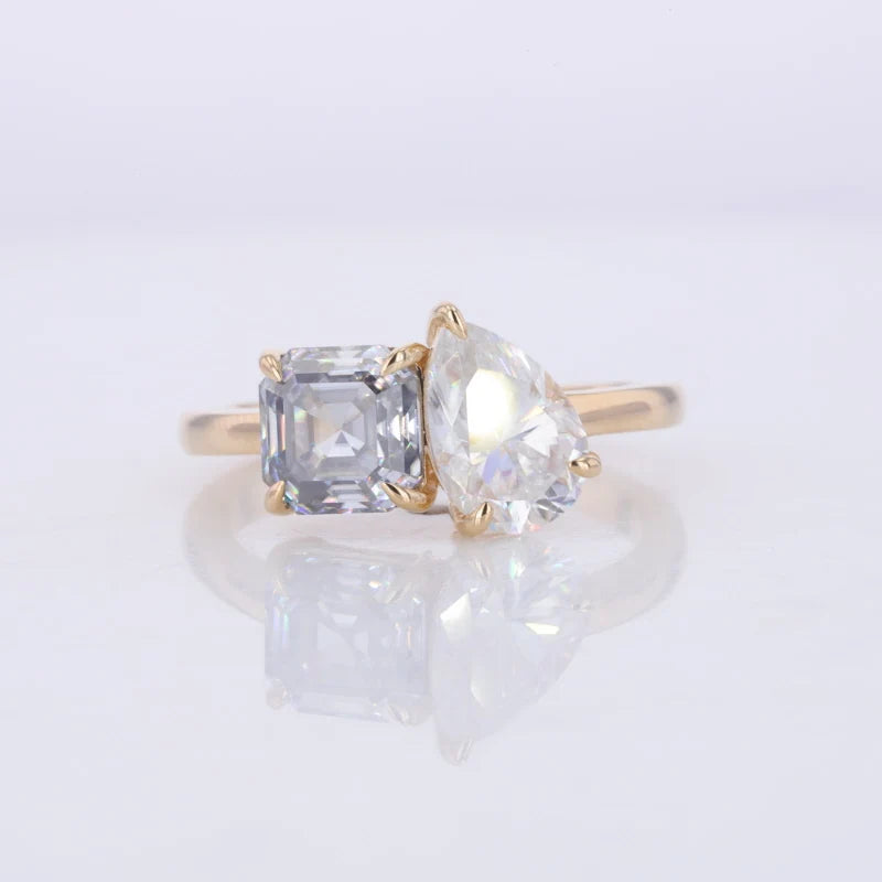 6x9mm Pear and 6.5mm Grey Asscher Cut Moissanite Toi Et Moi Ring in 10K Solid Yellow Gold