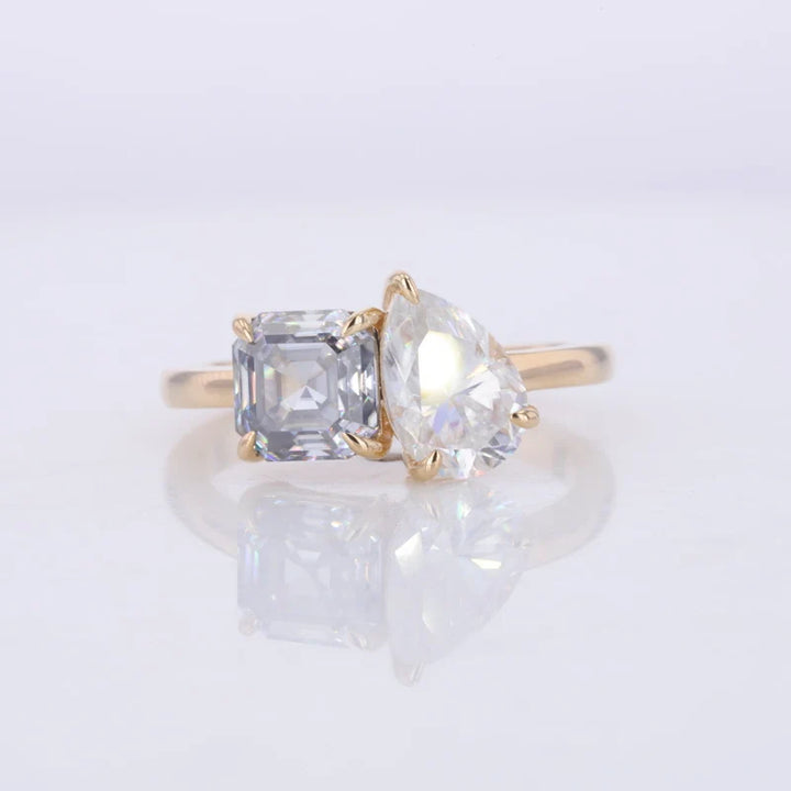 6x9mm Pear and 6.5mm Grey Asscher Cut Moissanite Toi Et Moi Ring in 10K Solid Yellow Gold