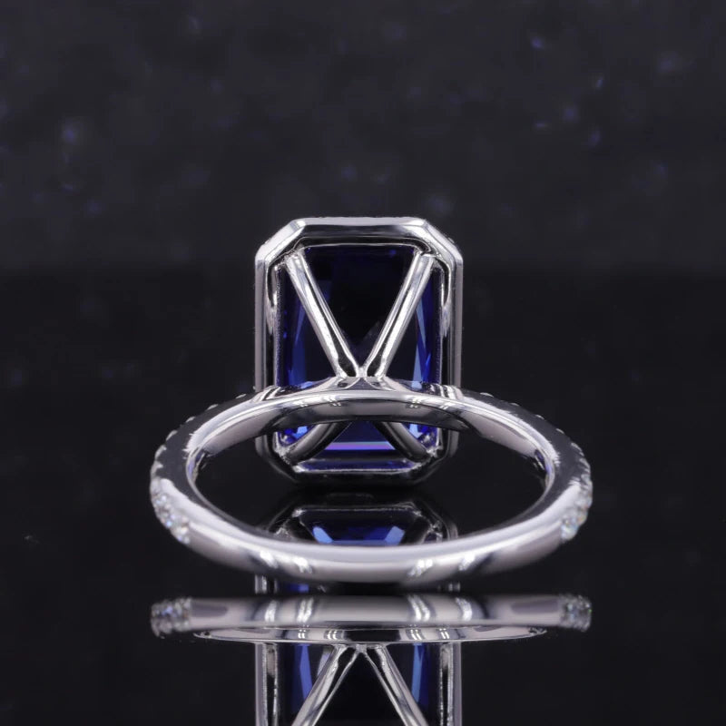7x11mm, 4.90ct Baguette Step Lab-Grown Blue Sapphire with Diamond Halo/Half-Eternity Ring in 18K White Gold