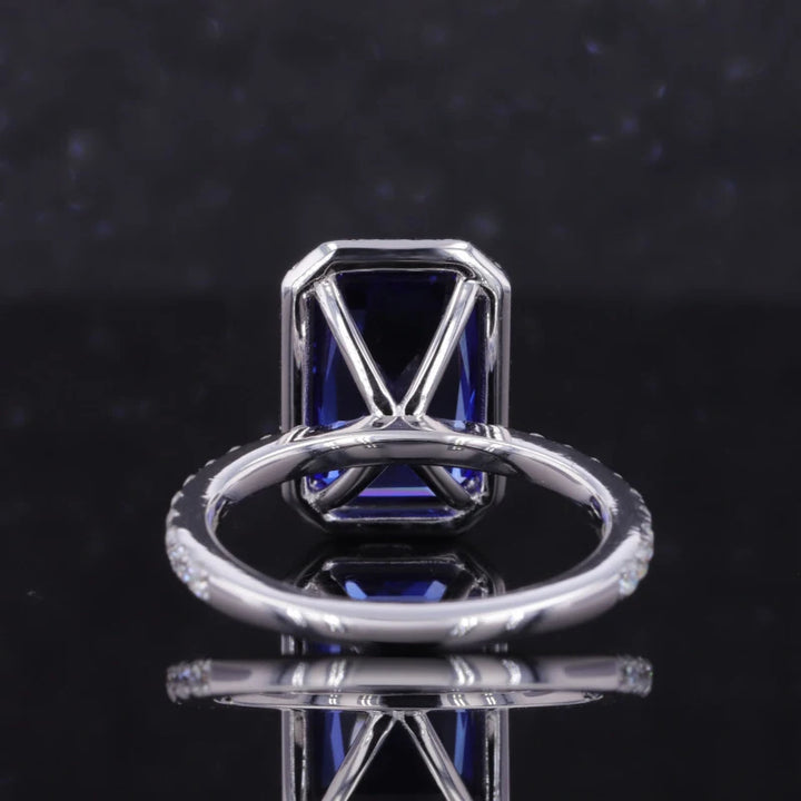 7x11mm, 4.90ct Baguette Step Lab-Grown Blue Sapphire with Diamond Halo/Half-Eternity Ring in 18K White Gold