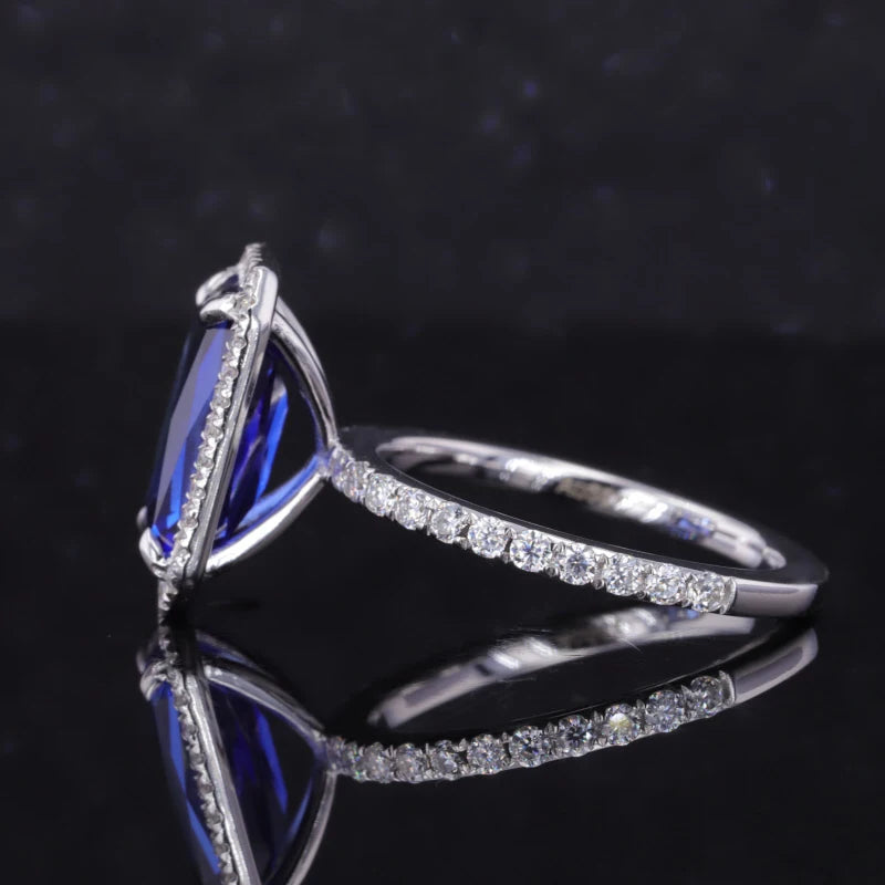 7x11mm, 4.90ct Baguette Step Lab-Grown Blue Sapphire with Diamond Halo/Half-Eternity Ring in 18K White Gold