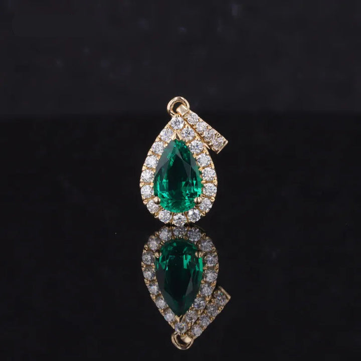 5x7mm, 0.75ct Pear Lab-Grown Zambian Emerald with Diamond Halo Pendant in 14K Yellow Gold