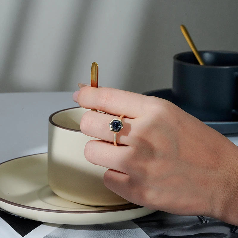 7*7mm Hexagon Cut Bezel Set Dark Gray Moissanite in 10K Solid Yellow Gold