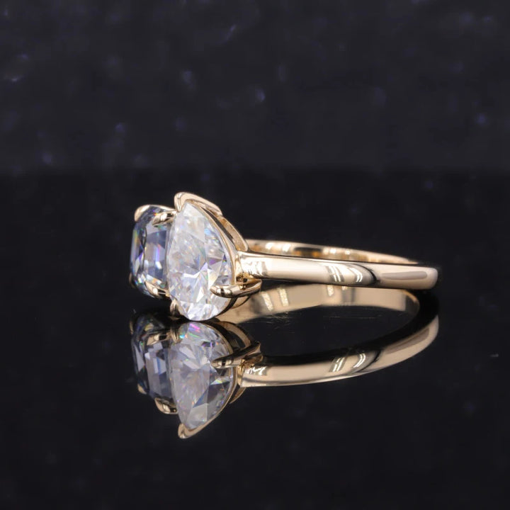 6x9mm Pear and 6.5mm Grey Asscher Cut Moissanite Toi Et Moi Ring in 10K Solid Yellow Gold