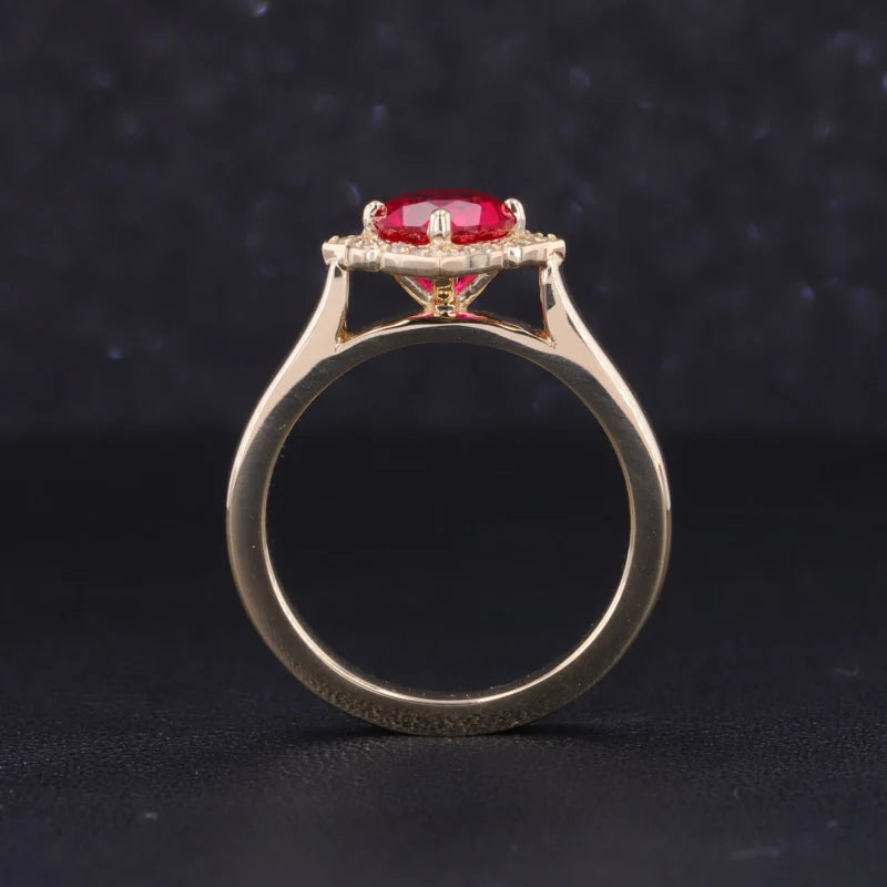 5mm, 1ct Round Lab-Grown Ruby Ring with Diamond Vintage Halo in Yellow Gold