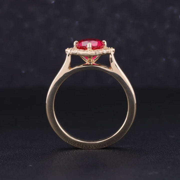 5mm, 1ct Round Lab-Grown Ruby Ring with Diamond Vintage Halo in Yellow Gold