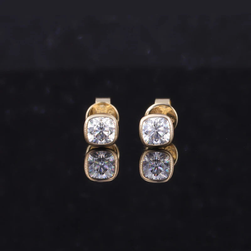 4*4mm Cushion Cut Moissanite Bezel Set Stud Earrings in 14K Solid Yellow Gold