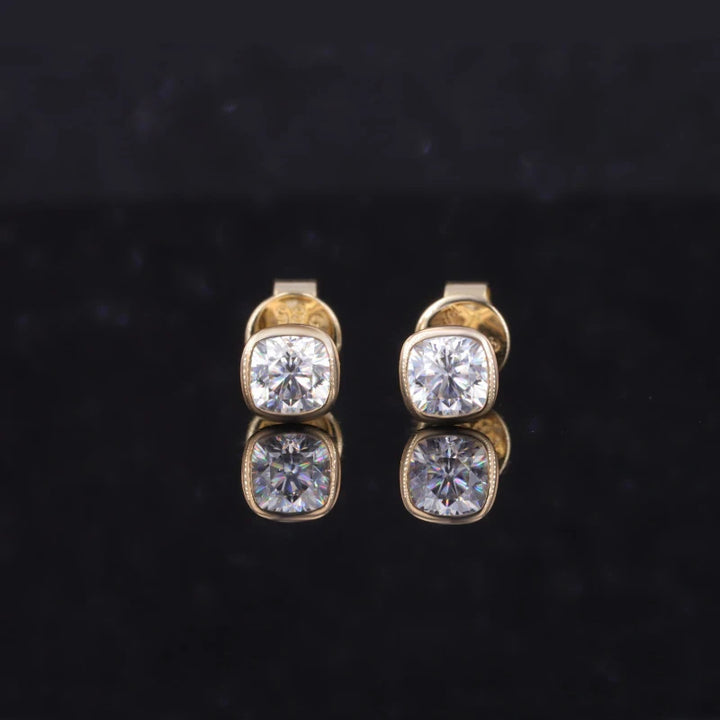 4*4mm Cushion Cut Moissanite Bezel Set Stud Earrings in 14K Solid Yellow Gold
