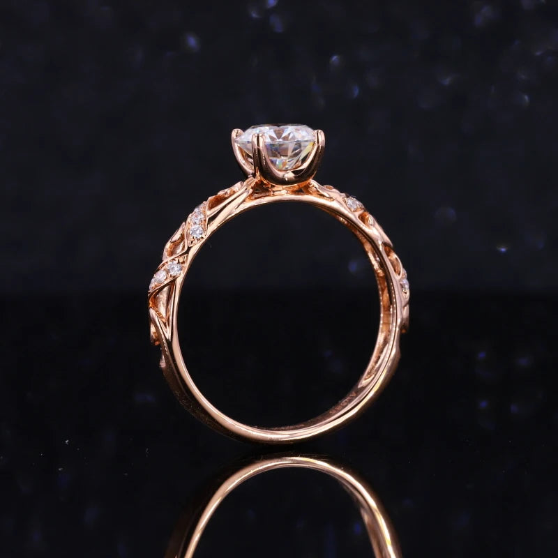 5mm Round Cut Moissanite with Garden Band in 14K Solid Rose/Yellow/White Gold