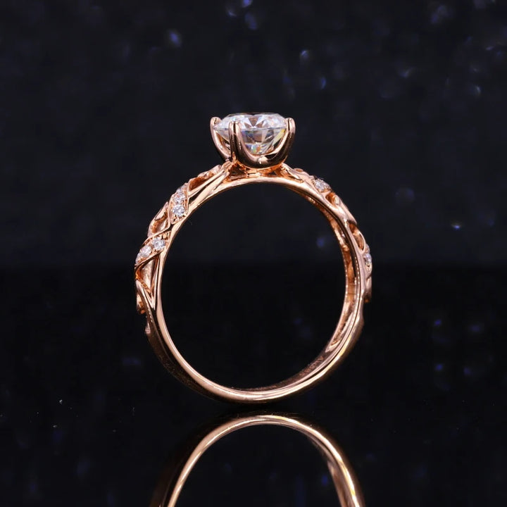 5mm Round Cut Moissanite with Garden Band in 14K Solid Rose/Yellow/White Gold