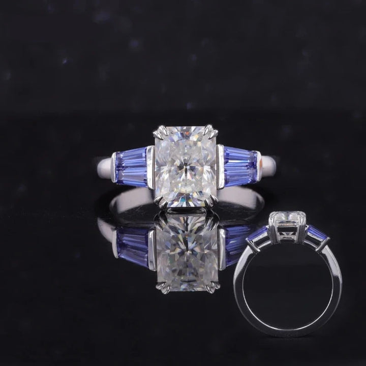 1.75ct Radiant Lab-Grown Diamond with Trapezoidal Cut Blue Sapphires Three-Stone Ring in White Gold