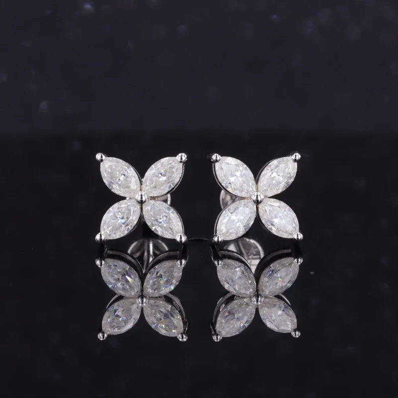 Four Petal Flower Diamond Earrings in 14K Solid White Gold