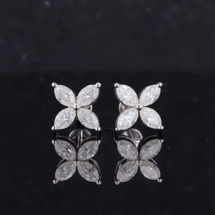Four Petal Flower Diamond Earrings in 14K Solid White Gold