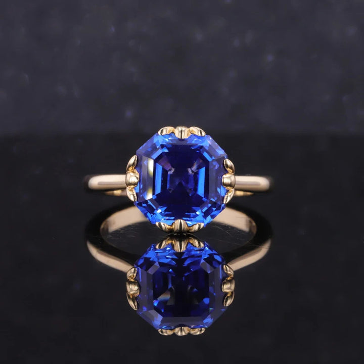 9mm, 4.80ct Asscher Lab-Grown Blue Sapphire with Leaf Prongs Ring in 10K Yellow Gold