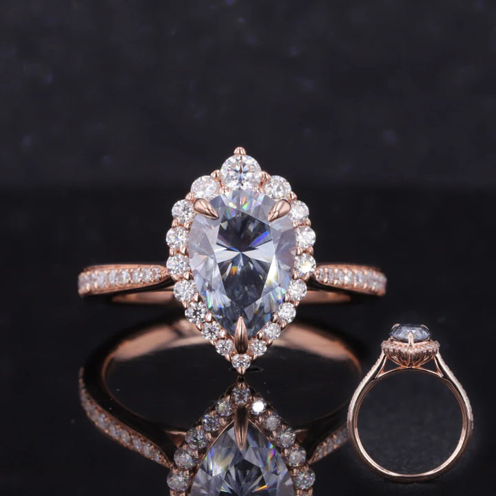 7x9mm Pear Cut Grey Moissanite with Diamond Halo/Half-Eternity Ring in 14K Solid Rose Gold