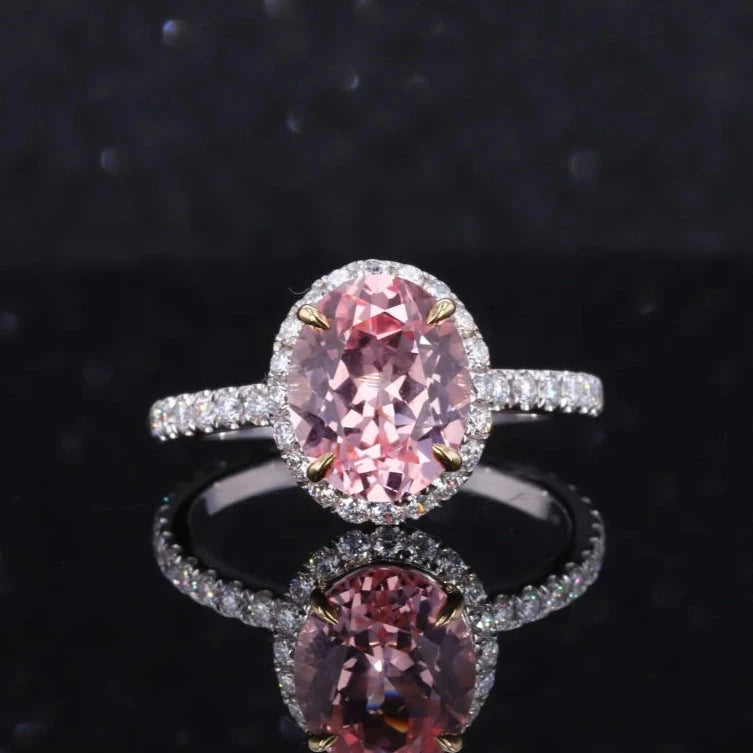 8x10mm, Oval Lab-Grown Sakura Pink Sapphire with Diamond Halo/Eternity Ring in 14K White Gold
