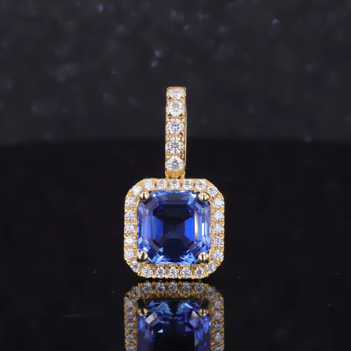 8x8mm, 3.50ct Asscher Lab-Grown Blue Sapphire with Diamond Halo Pendant in 18K Yellow Gold