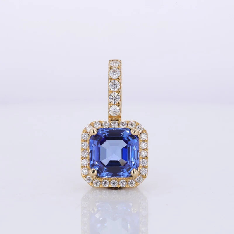 8x8mm, 3.50ct Asscher Lab-Grown Blue Sapphire with Diamond Halo Pendant in 18K Yellow Gold