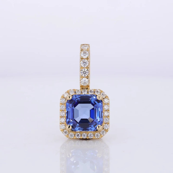 8x8mm, 3.50ct Asscher Lab-Grown Blue Sapphire with Diamond Halo Pendant in 18K Yellow Gold