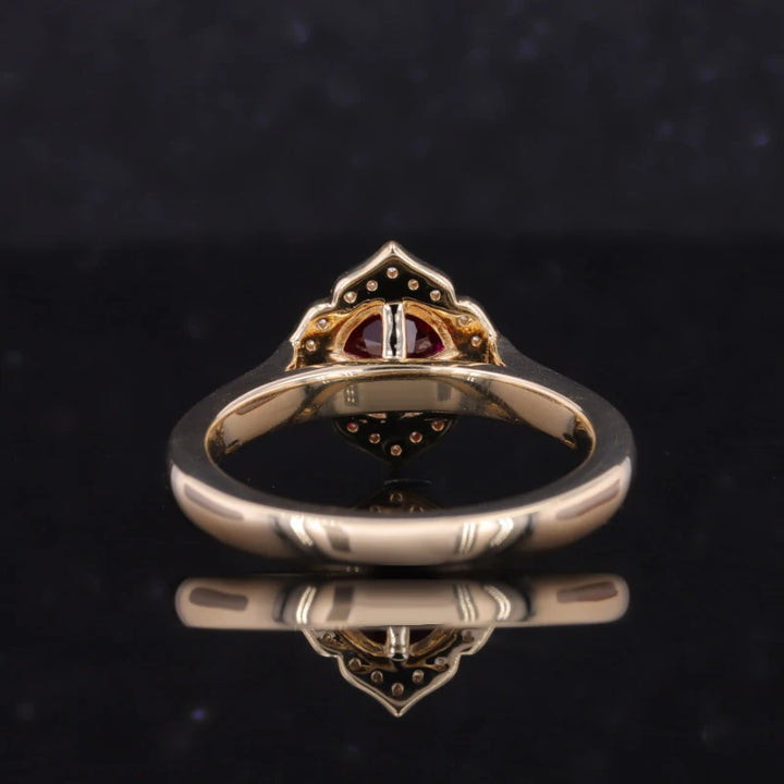 5mm, 1ct Round Lab-Grown Ruby Ring with Diamond Vintage Halo in Yellow Gold