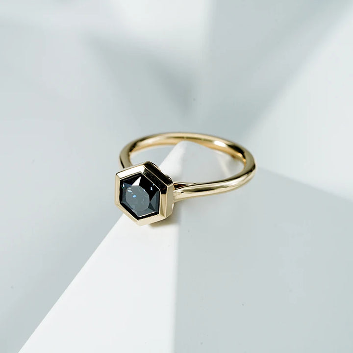 7*7mm Hexagon Cut Bezel Set Dark Gray Moissanite in 10K Solid Yellow Gold