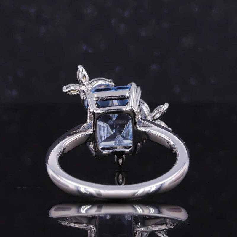 7x9mm, 2.50ct Emerald Lab-Grown Light Blue Sapphire with Diamond Butterflies Ring in 14K White Gold