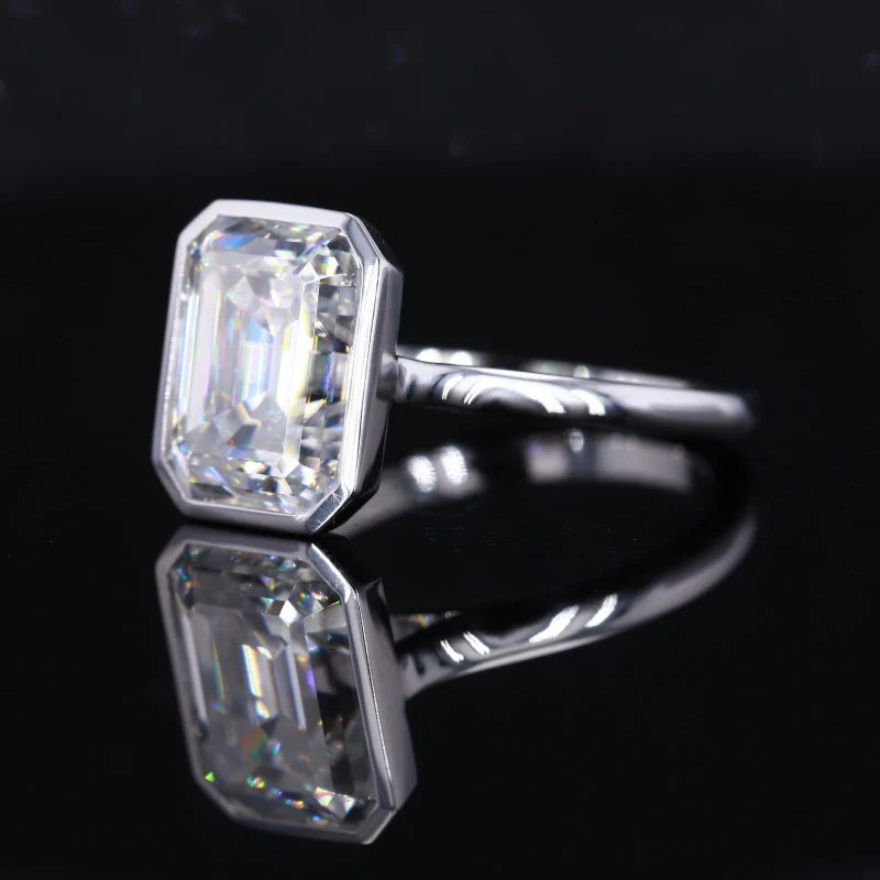 9x11mm Emerald Cut Moissanite Bezel-Set Solitaire Ring in 14K Solid White Gold