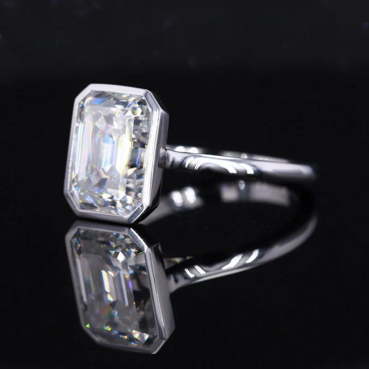 9x11mm Emerald Cut Moissanite Bezel-Set Solitaire Ring in 14K Solid White Gold