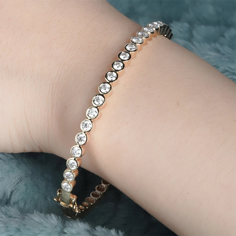 3mm Round Cut Moissanite Bezel Set Tennis Bangle in 14K Solid Yellow Gold
