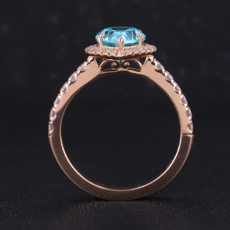 7x10mm Pear Cut Paraiba Diamond Halo/Half Eternity Ring with Staking Band in 18K Solid Rose Gold