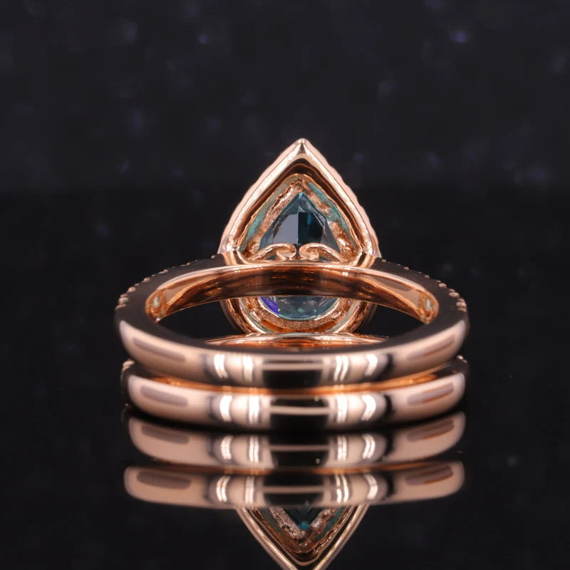 7x10mm Pear Cut Paraiba Diamond Halo/Half Eternity Ring with Staking Band in 18K Solid Rose Gold