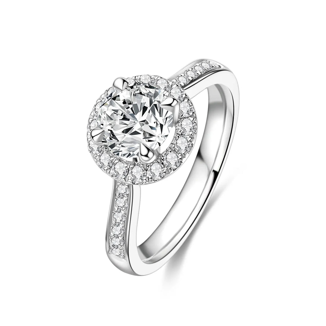 1.75ct Round Lab-Grown Diamond Solitaire Ring with Halo and Micropavé Band in White Gold