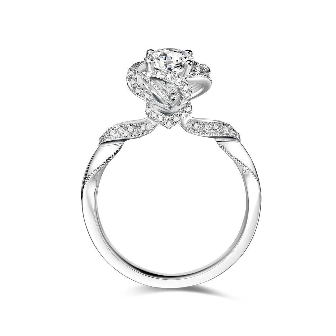 0.75ct Round Lab-Grown Diamond Solitaire Ring with Rose Halo and Raised Bouquet Setting in White Gold