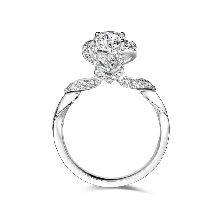 0.75ct Round Lab-Grown Diamond Solitaire Ring with Rose Halo and Raised Bouquet Setting in White Gold