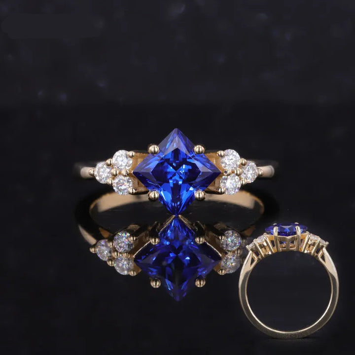 6x6mm, 1.00ct Princess Lab-Grown Blue Sapphire with Diamond Accents Ring in 14K Yellow Gold