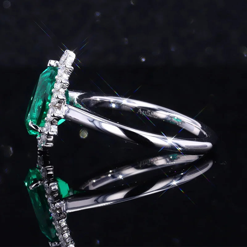 7x10mm, 2.00ct Pear Lab-Grown Colombian Emerald with Diamond Halo Ring in 14K White Gold