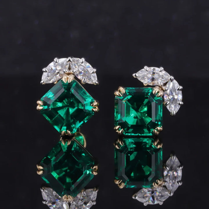 8mm, 2.00ct Each Asscher Lab-Grown Zambian Emerald with Marquise Diamond Earrings in 14K Yellow Gold