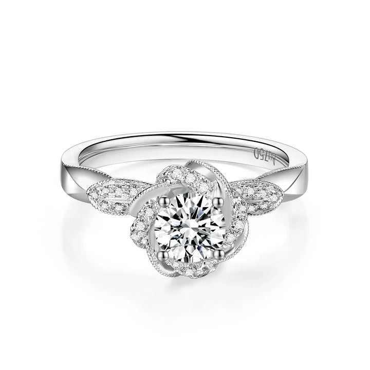 0.75ct Round Lab-Grown Diamond Solitaire Ring with Rose Halo and Raised Bouquet Setting in White Gold