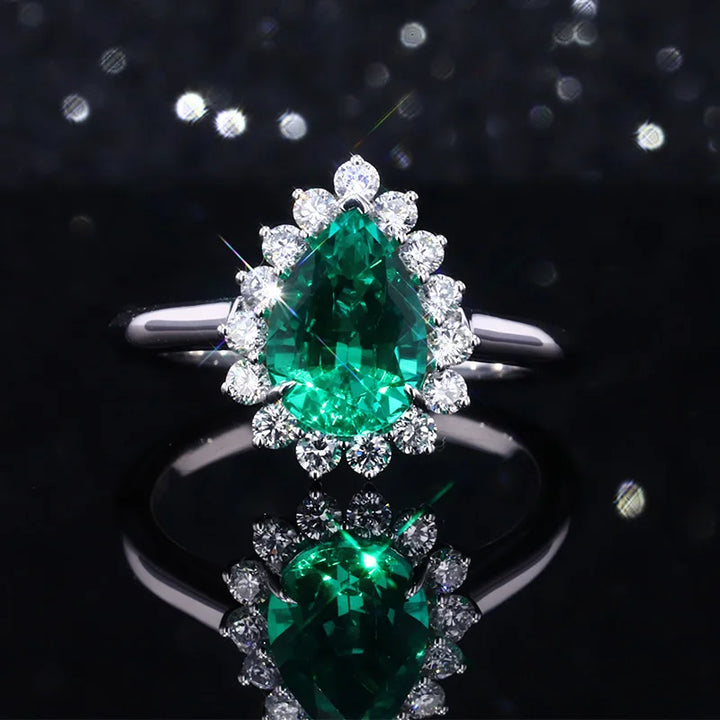 7x10mm, 2.00ct Pear Lab-Grown Colombian Emerald with Diamond Halo Ring in 14K White Gold