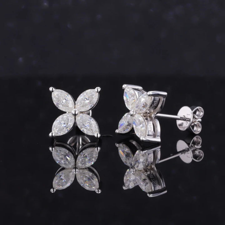 Four Petal Flower Diamond Earrings in 14K Solid White Gold