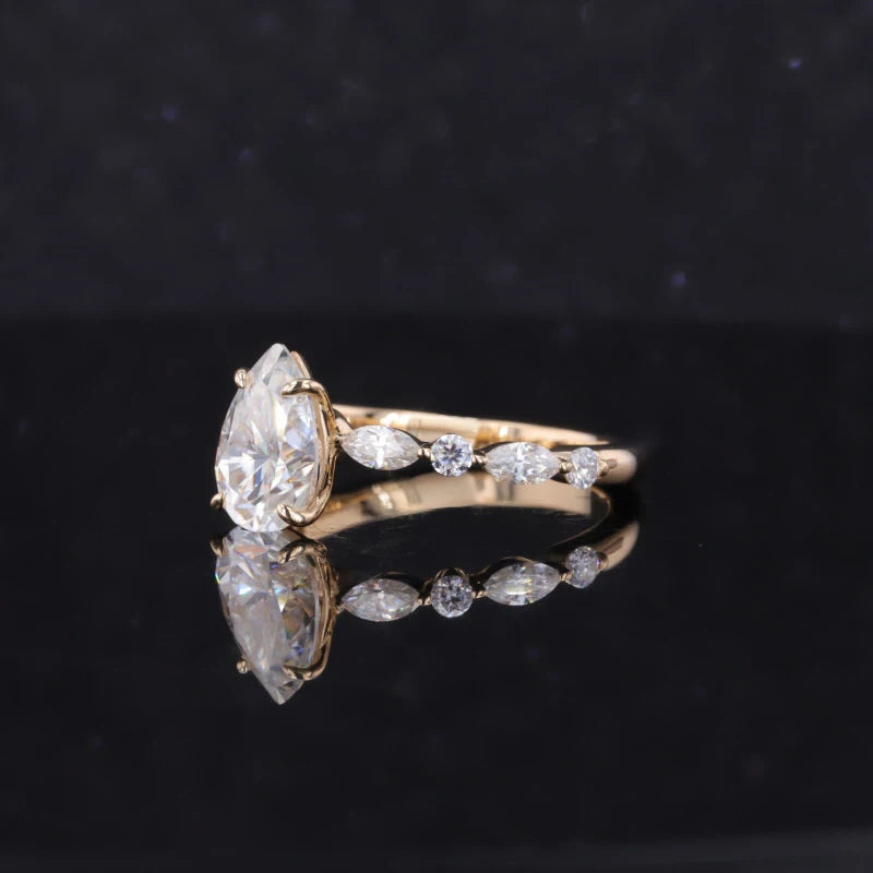 1.5ct Pear Cut Moissanite Half Eternity Ring in 14K Solid Yellow Gold