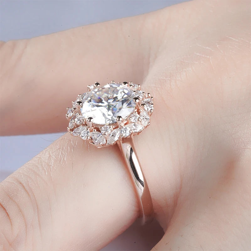 8.5mm Round Cut Moissanite with Round/Marquise Halo in 14K Solid Rose Gold