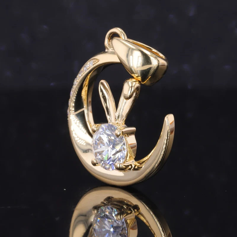 1.00ct Round Cut Moissanite Rabbit and Moon Pendant Necklace in 18K Solid Yellow Gold