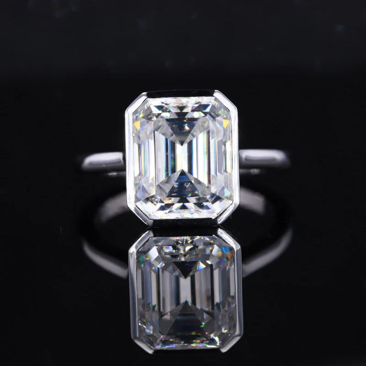 9x11mm Emerald Cut Moissanite Bezel-Set Solitaire Ring in 14K Solid White Gold