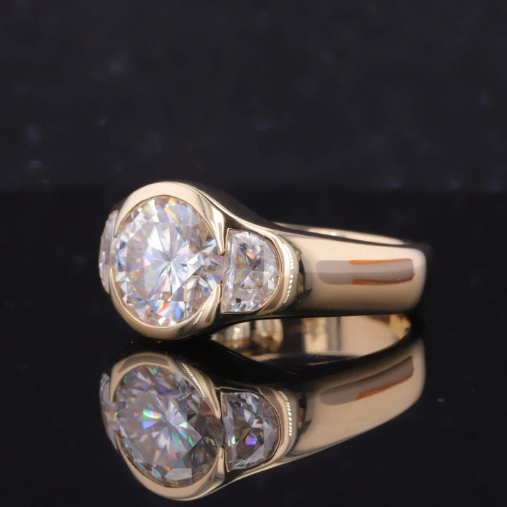 10mm Round Cut Moissanite Bezel with Side Stones in 10K Solid Yellow Gold