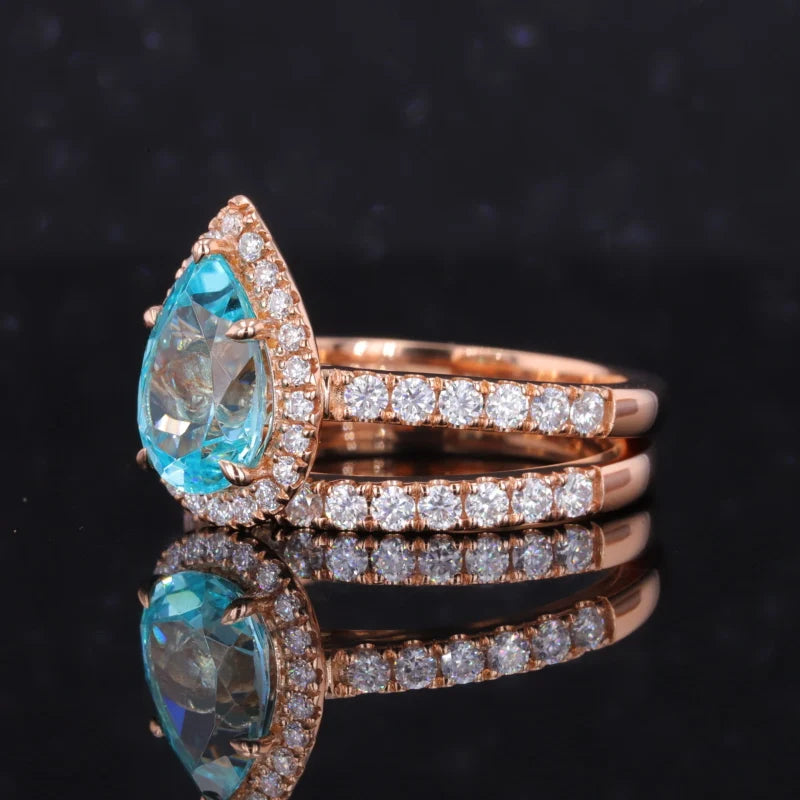 7x10mm Pear Cut Paraiba Diamond Halo/Half Eternity Ring with Staking Band in 18K Solid Rose Gold